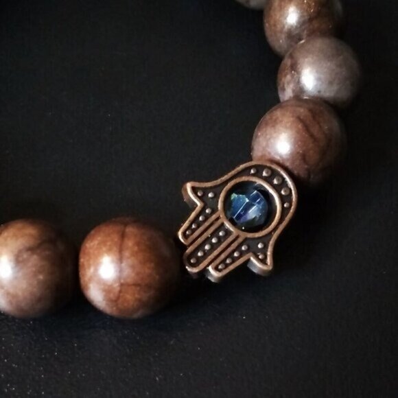 Hamsa Hand! Turquoise + Mocha Mousse! Howlite + Magnesite Blessings Bracelet 6" - Picture 4 of 9